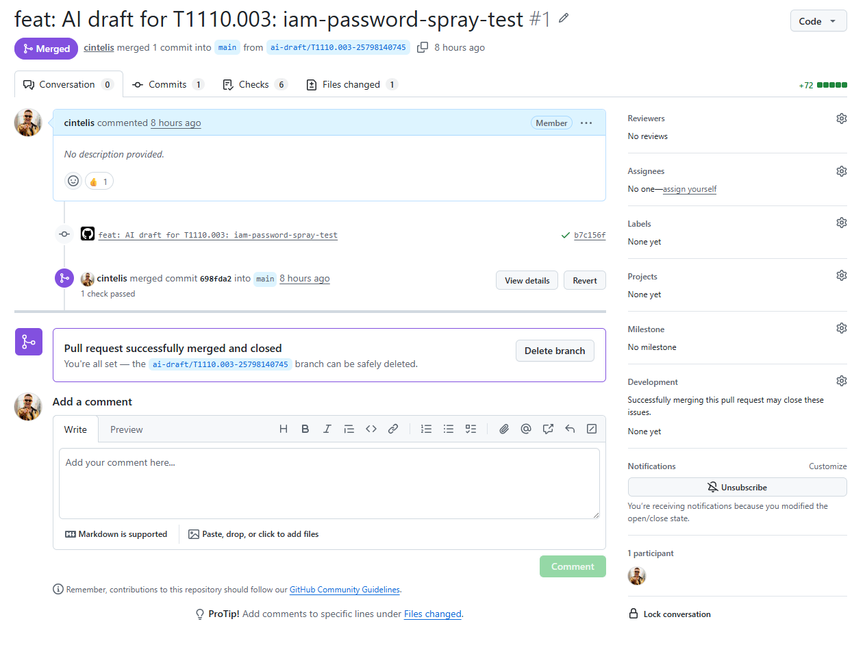 GitHub PR #1 showing the AI-drafted detection YAML and the reviewer checklist embedded in the PR body